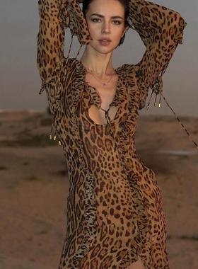 2024CuriousCat豹纹印花雪纺灯笼长袖系带连衣裙开衩长裙慵懒度假
