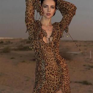 2024CuriousCat豹纹印花雪纺灯笼长袖系带连衣裙开衩长裙慵懒度假