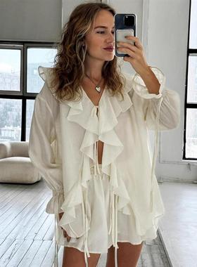 法式V领宽松荷叶边衬衫热裤套装 Loose Ruffle Shirt Shorts Set