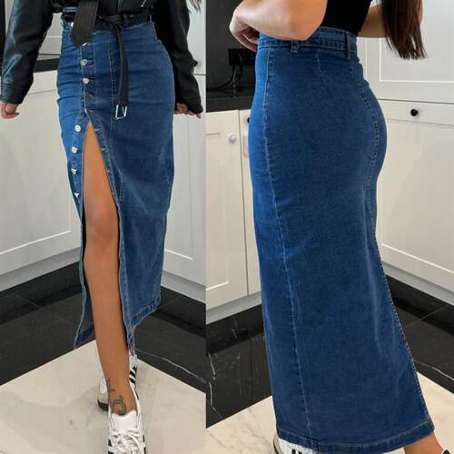 欧美性感修身高腰开叉牛仔半身裙中长裙 sexy denim midi skirt