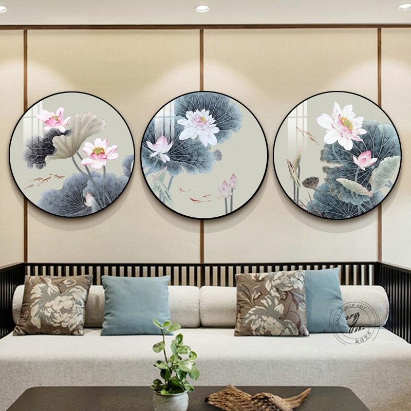 新品新中式圆形装饰画单幅玄x关挂画餐厅背景墙软装壁画卧室床头