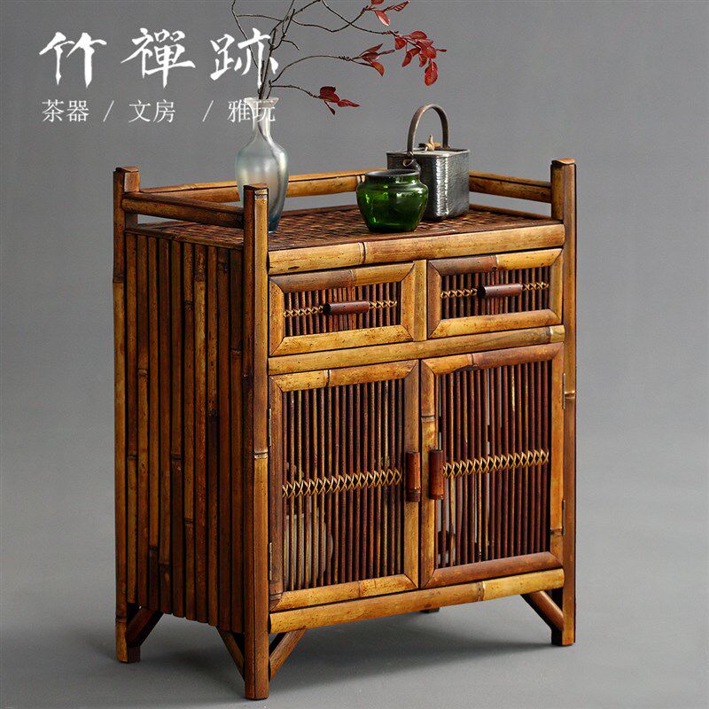 新品竹禅迹茶柜k架子茶水柜 楠竹复古茶道茶棚普洱茶叶茶具收纳