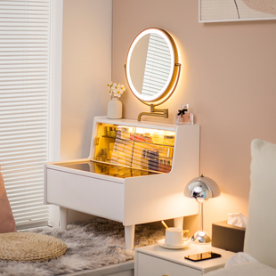 新品 奶油风白色飘窗梳妆台小型50公分卧室实木化Q妆台60cm带灯榻