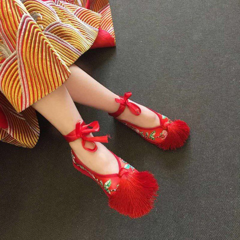 极速新娘秀禾鞋女i2018红色婚鞋老北京千层底龙凤复古中式平底绣