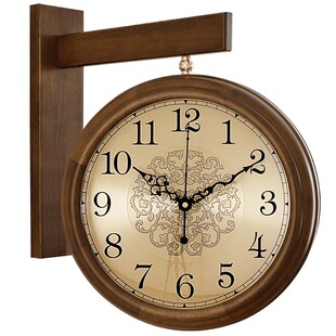 极速新中式实木双面挂钟家用客厅B时尚壁挂防撞护条两面胡桃木静