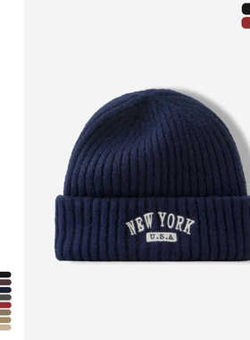 ins秋冬季韩版街头男女保暖毛线帽时尚潮牌NEWYORK字母刺绣针织帽