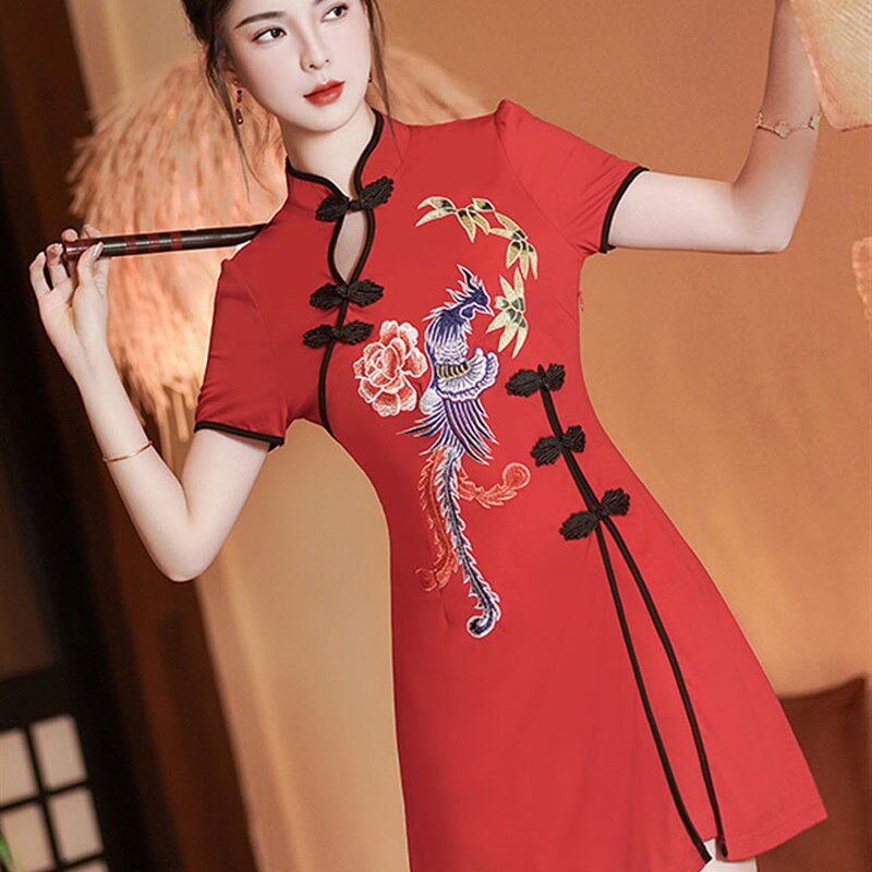 新品红色c短款国潮炸街连衣裙2025夏季新中式小个子辣妹国风旗袍