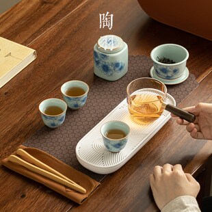 新品向阳花侧把旅行茶具一壶三杯B整套带茶盘茶叶罐便携式泡茶功