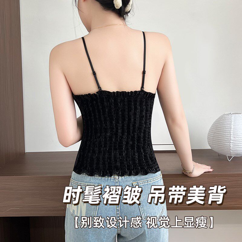 新品2025新h款金丝绒白色v领性感小吊带背心女带胸垫美背内搭打底