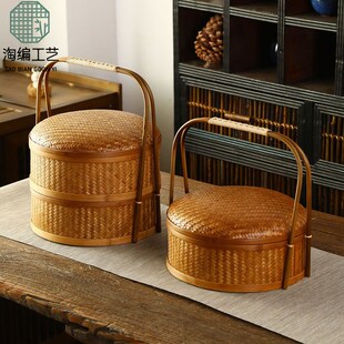 速发手工盒编大漆提篮双层食竹圆形带盖点心篮普洱茶饼收纳篮方形