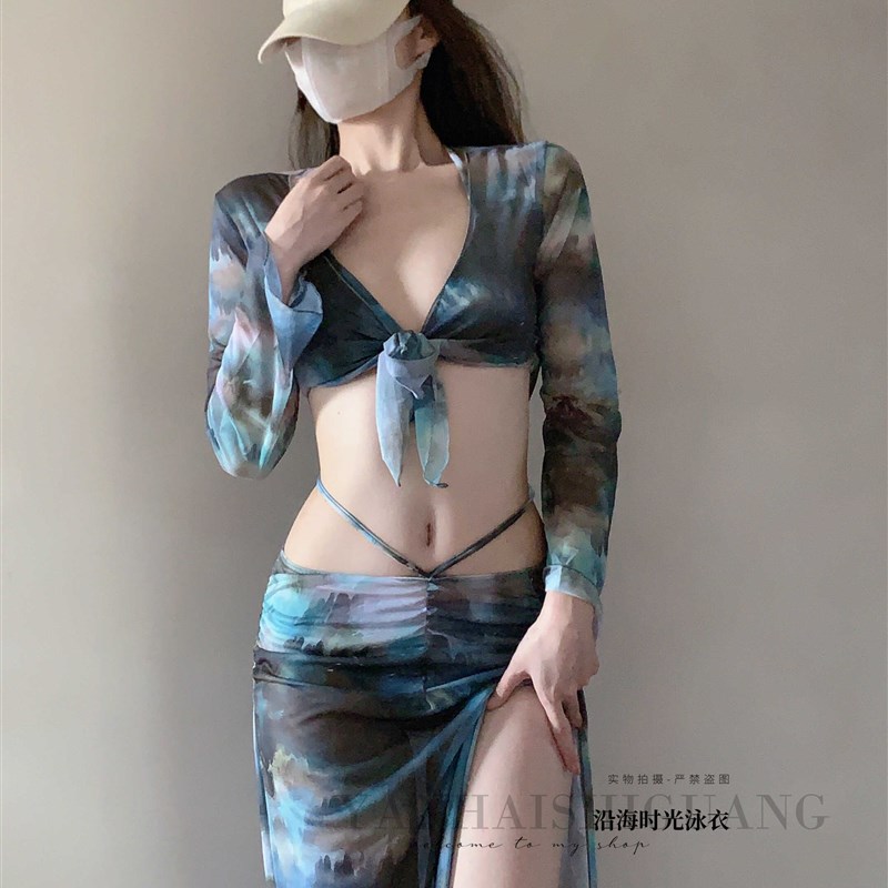 现货速发分体四件套三角比基尼长裙性感高级感泡温泉度假