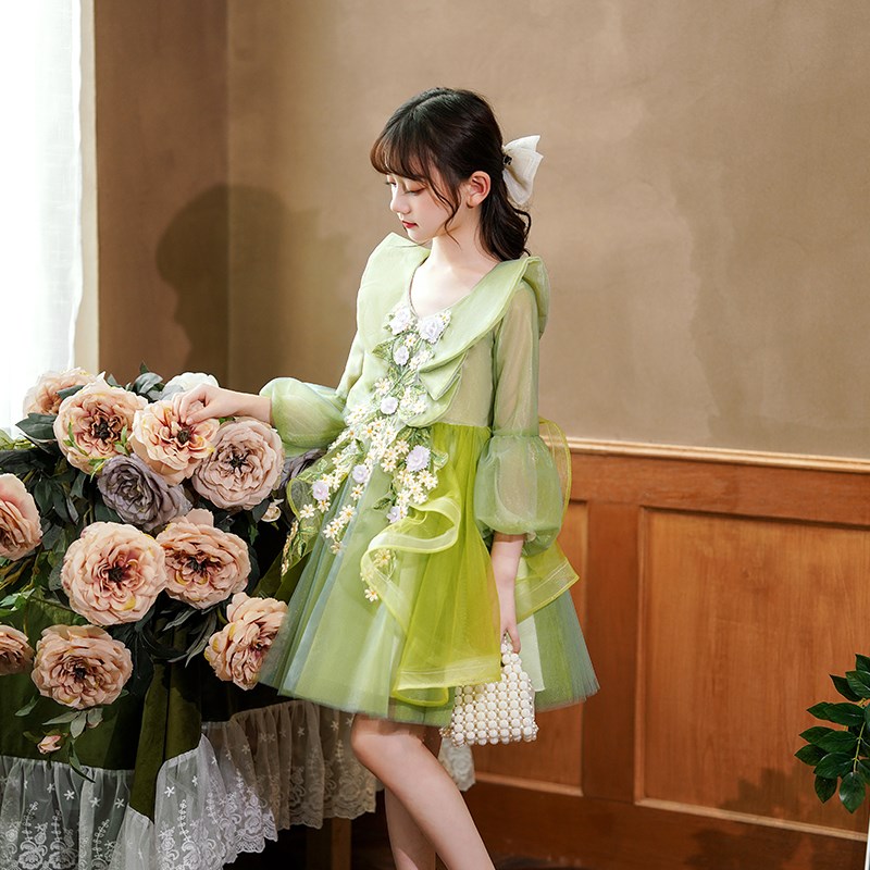 速发儿童礼服童生日晚礼服公主裙小孩主持人钢琴演出服装长袖