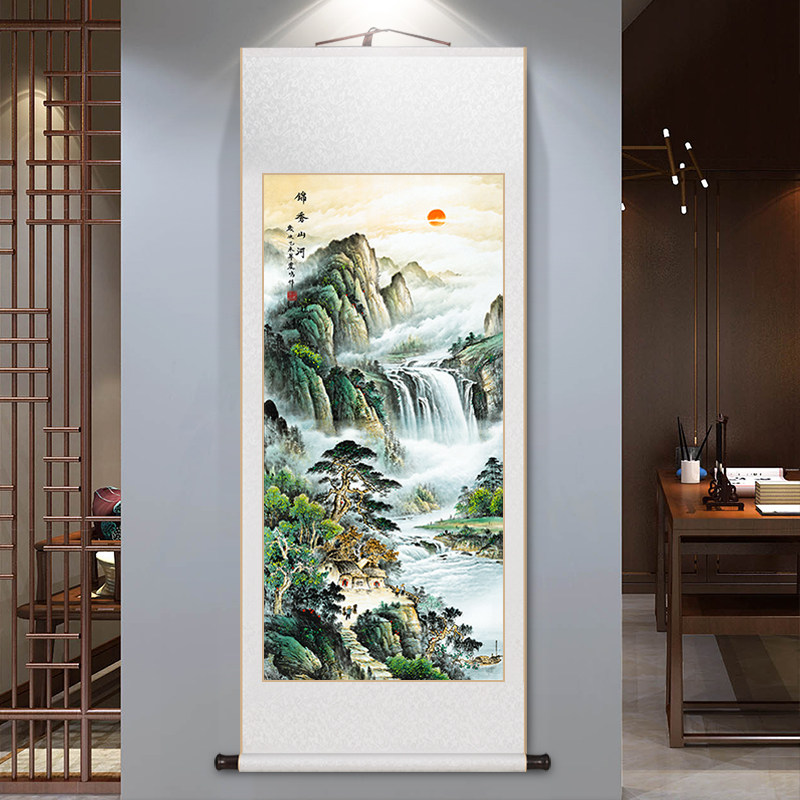 速发国画轴日东办山水画新中式客厅装饰画升公室字画竖版玄关卷旭
