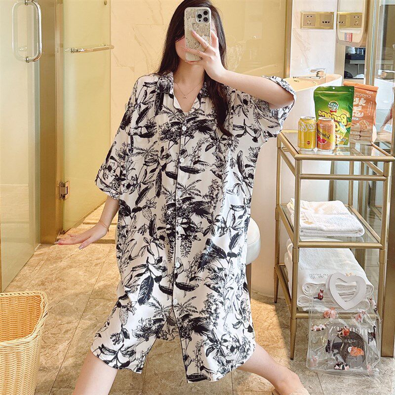 速发棉绸睡裙夏睡衣妈妈人造棉孕妇连衣裙大码裙子