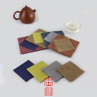 速发中式禅意复古素色布艺茶杯垫双色隔水吸热布面双艺用茶垫方垫