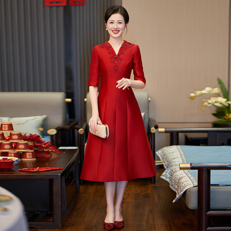 速发喜丈婆婚宴装2025夏婆新款中袖妈妈结婚礼服季母娘连衣裙晚宴