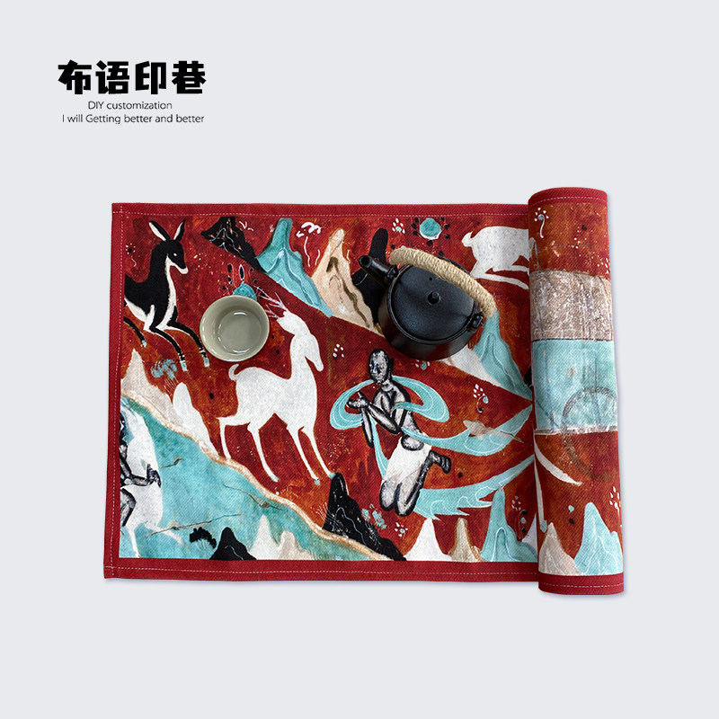 速发新中式国风敦煌九色鹿茶席巾桌旗床旗禅意客厅茶室布艺桌布博