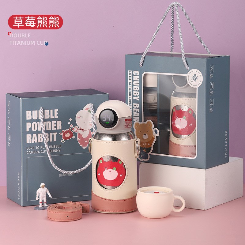 速发晨度纯钛儿童保温杯双盖显壶吸学杯管生便捷水温圣诞节礼品套