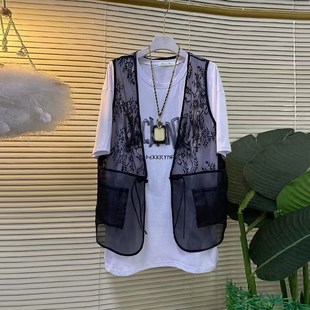 速发加肥盘扣网纱黑色休甲外搭字母半袖T恤衫简约马大闲码装两件