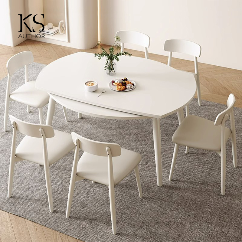 速发奶油风白色岩板餐桌型用可折叠伸缩2家2新款圆饭桌小户0实木