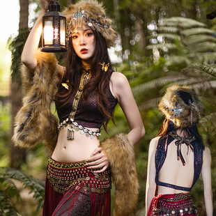 速发异域风部落公皮套装上衣裤子蝴蝶腰链头链主草毛皮帽皮草毛布