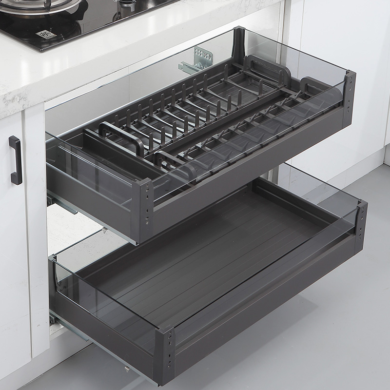 极速37深度浅柜拉篮厨房整体橱柜碗碟篮架L双层抽屉式铝合金碗架