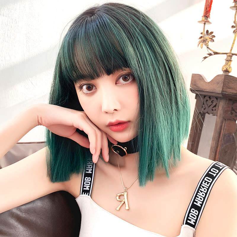 极速l街皇修绿色假发女短发七A自然帅气脸直发可爱网红全套圆脸短