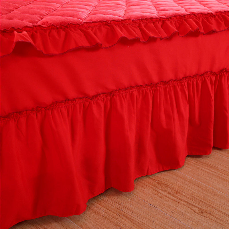 极速结婚庆大g红色加厚法莱绒牛奶绒单件床裙保暖夹棉床盖床套三