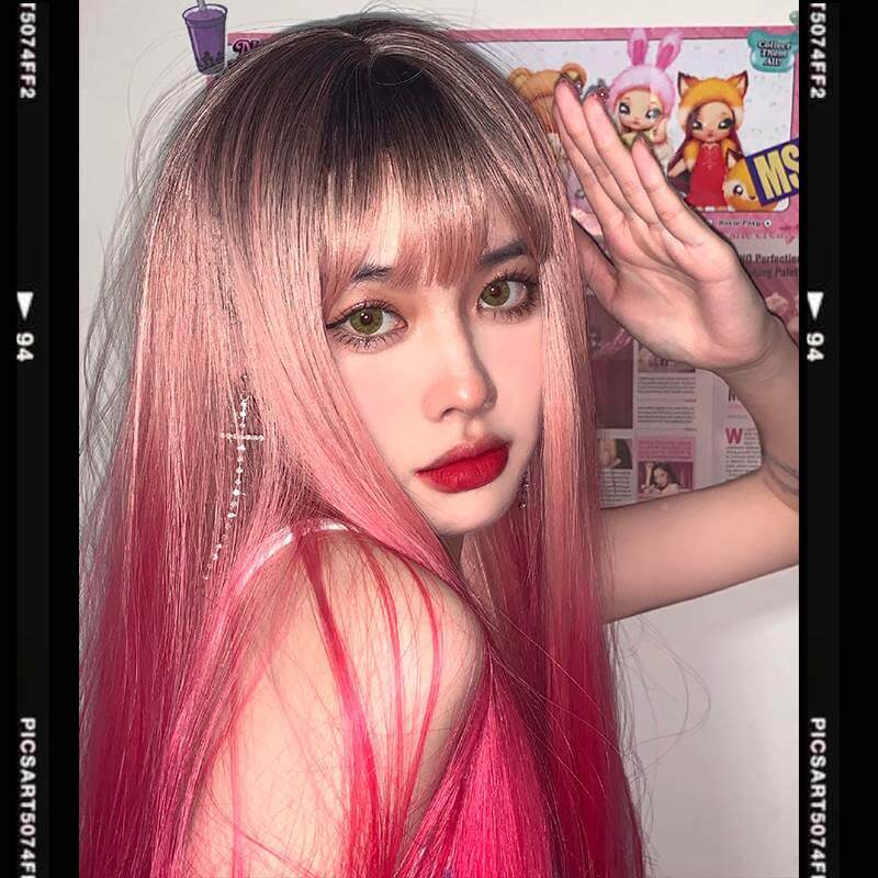 极速l自假发h女长发全头网红挑染渐变色粉色气玫红主播长直发空然