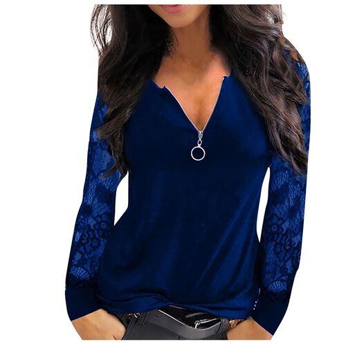 极速Fashion Lace Mesh Blouse Shirt LFoose Sexy Zipper V-Neck