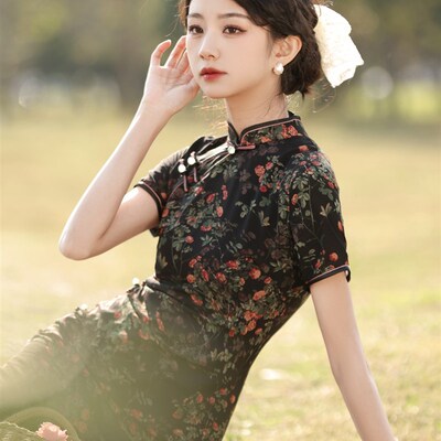 新品闺兰旧影丨2025q夏季新款丨年轻款优雅淑女范长旗袍印花古法