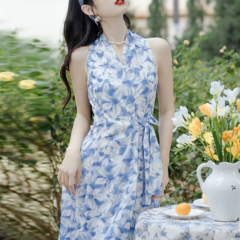 复古港风女d装小个子80年代怀旧服装港式v领挂脖连衣裙夏季90长裙
