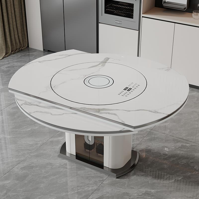 岩板圆形餐桌椅组合2025新款多功能可伸缩餐桌家用电磁炉暖菜转盘