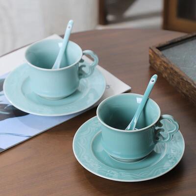 龙泉青瓷咖啡杯家用陶瓷马克杯泡茶杯带勺子高档精致咖啡杯碟套装