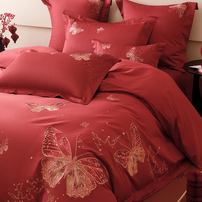 简约喜庆蝴蝶刺绣结婚被套全棉100S长绒棉红色婚庆床单床上四件套