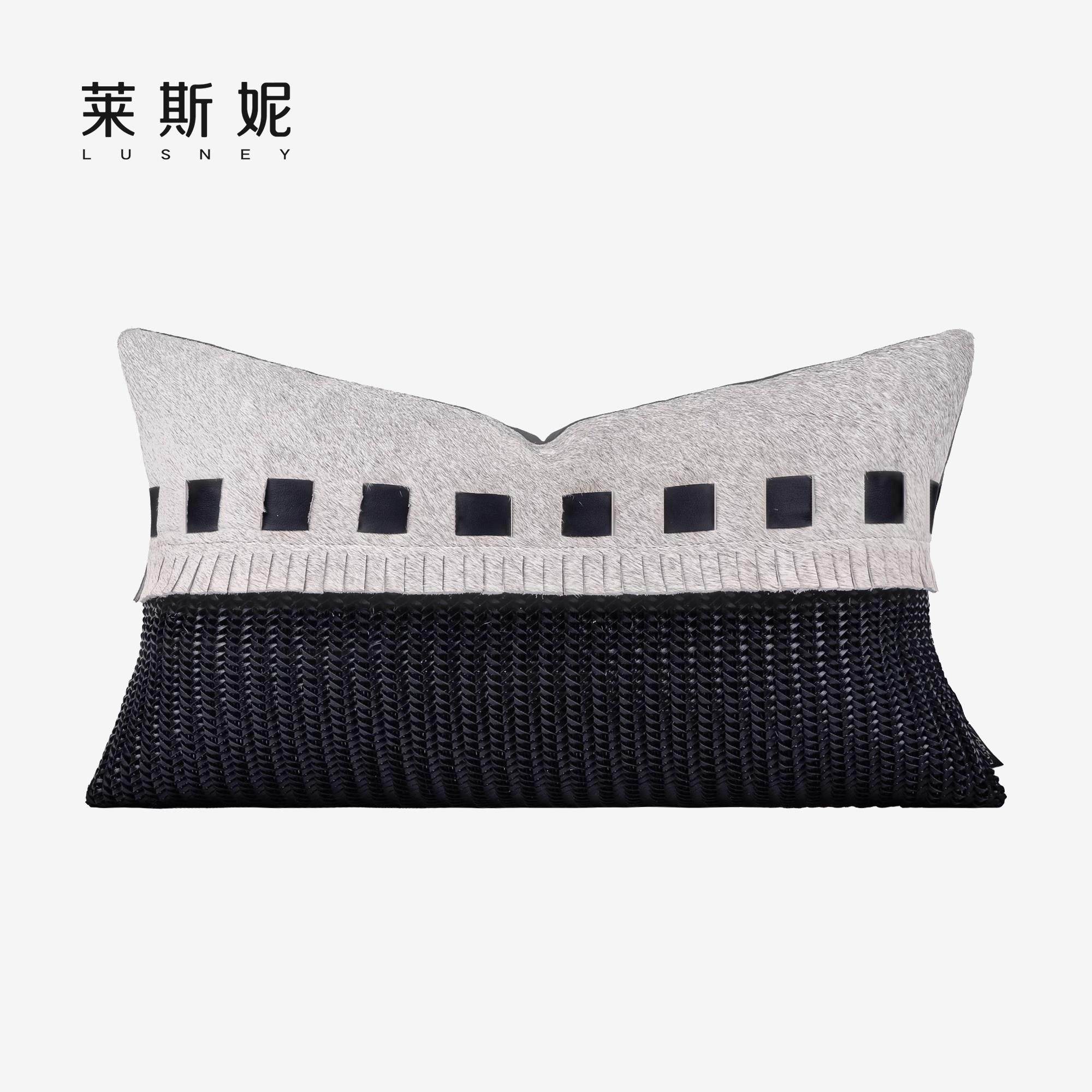 轻奢现代简约客厅沙发抱枕样板间高档灰白马毛拼接皮革长条腰靠枕,居家布艺,腰靠垫,淘宝优惠券,粉丝福利购,淘宝优惠卷