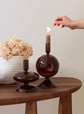 COLORHUNTER 中古深棕玻璃烛台玄关餐边柜摆件高级感复古家居装饰