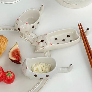 创意小猫咪陶瓷蘸料碟日式筷架家用小味碟釉下彩调味碟芥末酱油碟