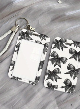 优雅黑色蝴蝶结学生IC卡工作公交卡滑动身份证耐用塑料办公保护套工厂牌电梯钥匙扣卡套一体