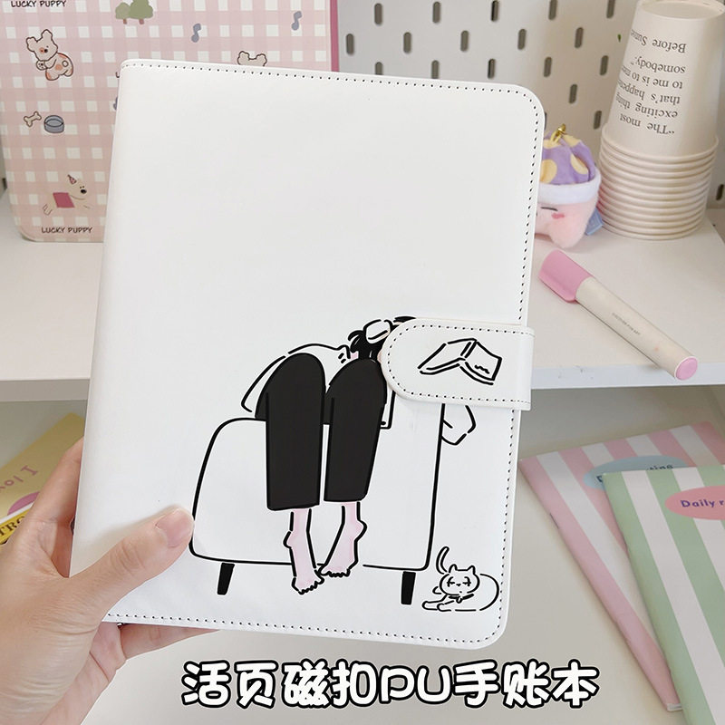 极简白色手绘女生A5PU皮质活页替换笔记本记事本本子