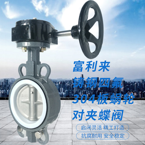 新品铸钢体四氟胶304板蜗轮对夹蝶阀 D371F-10/16CB7Y四氟蝶阀蜗