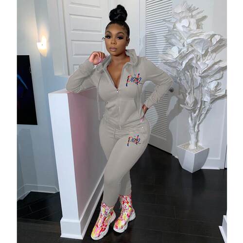 极速Women New Sprming Suits PINK Letter Print Tracksuits 2 P