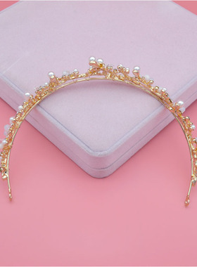 极速韩式新娘金色皇冠水晶珍珠三件套新娘结婚饰R品婚纱配项链耳