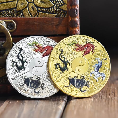新品太极四大神兽纪念金银u币复古外贸纪念章彩色喷绘硬币礼物品