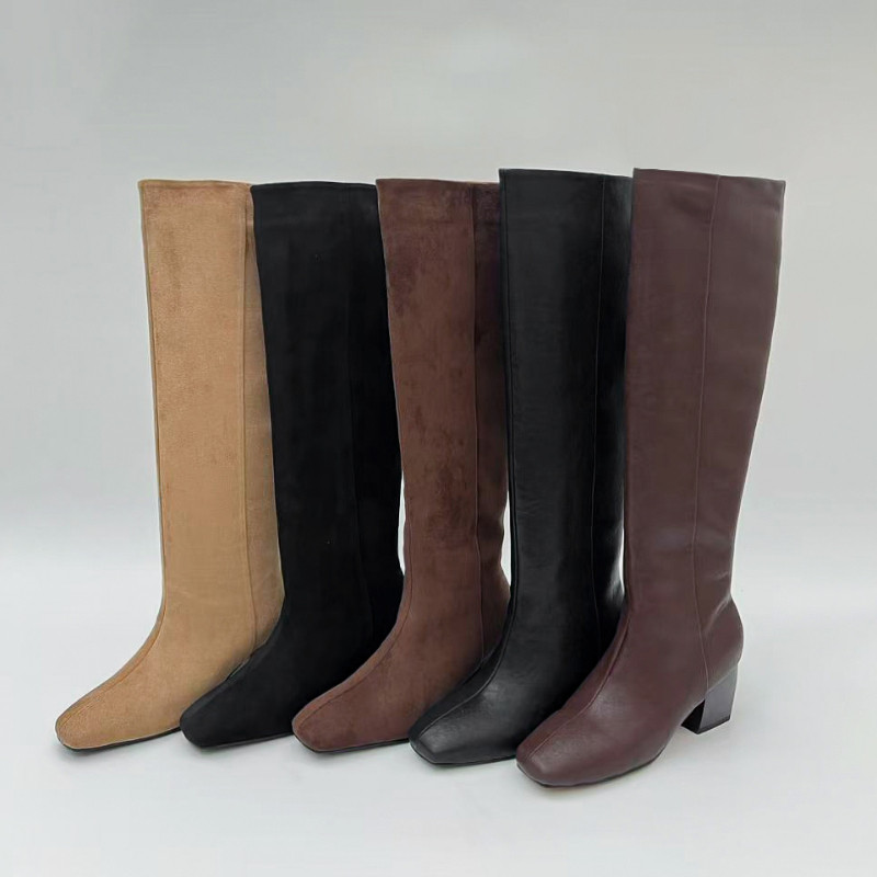 跟高6cm/34-40/冬季新款简约粗跟小方头真皮直筒显瘦显高及膝靴