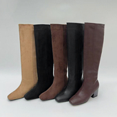 冬季 跟高6cm 新款 简约粗跟小方头真皮直筒显瘦显高及膝靴