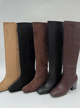 跟高6cm/34-40/冬季新款简约粗跟小方头真皮直筒显瘦显高及膝靴