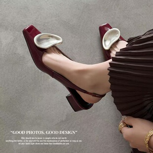 跟高4cm/34-40/2026春季方头高定手工方头粗跟一脚蹬气质单鞋