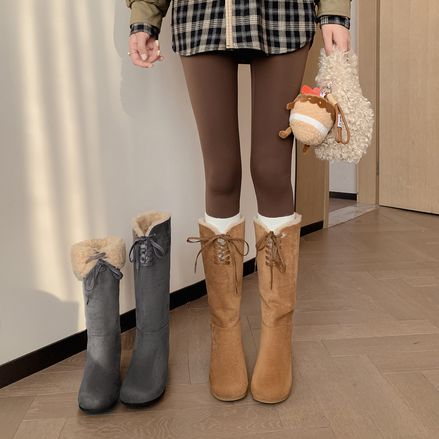 跟高5cm/34-40/系带羊羔毛内增高圆头可翻折长靴两穿保暖雪地靴