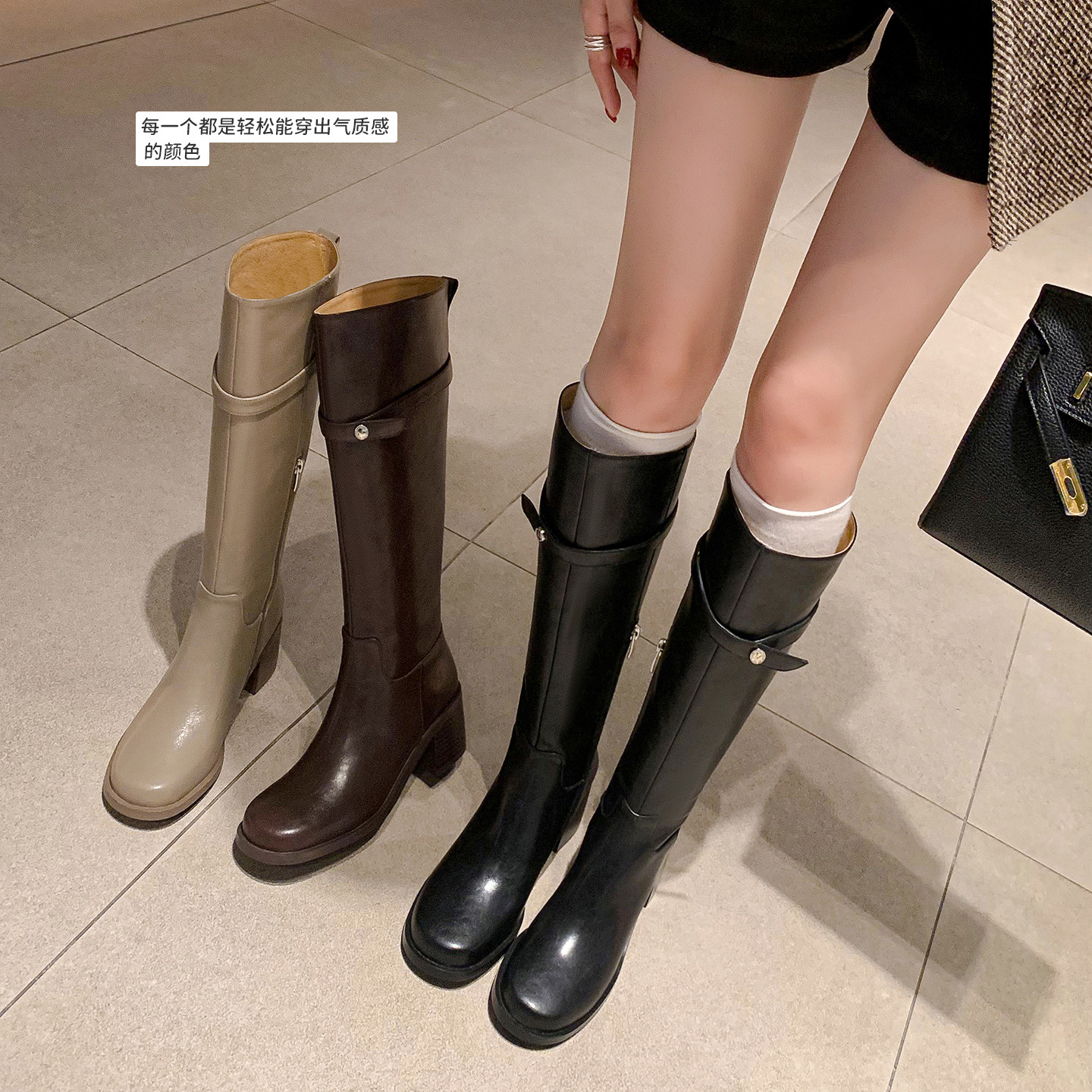 跟高6cm/34-41/时尚圆头粗跟皮带装饰金属扣气质简约显瘦日常长靴